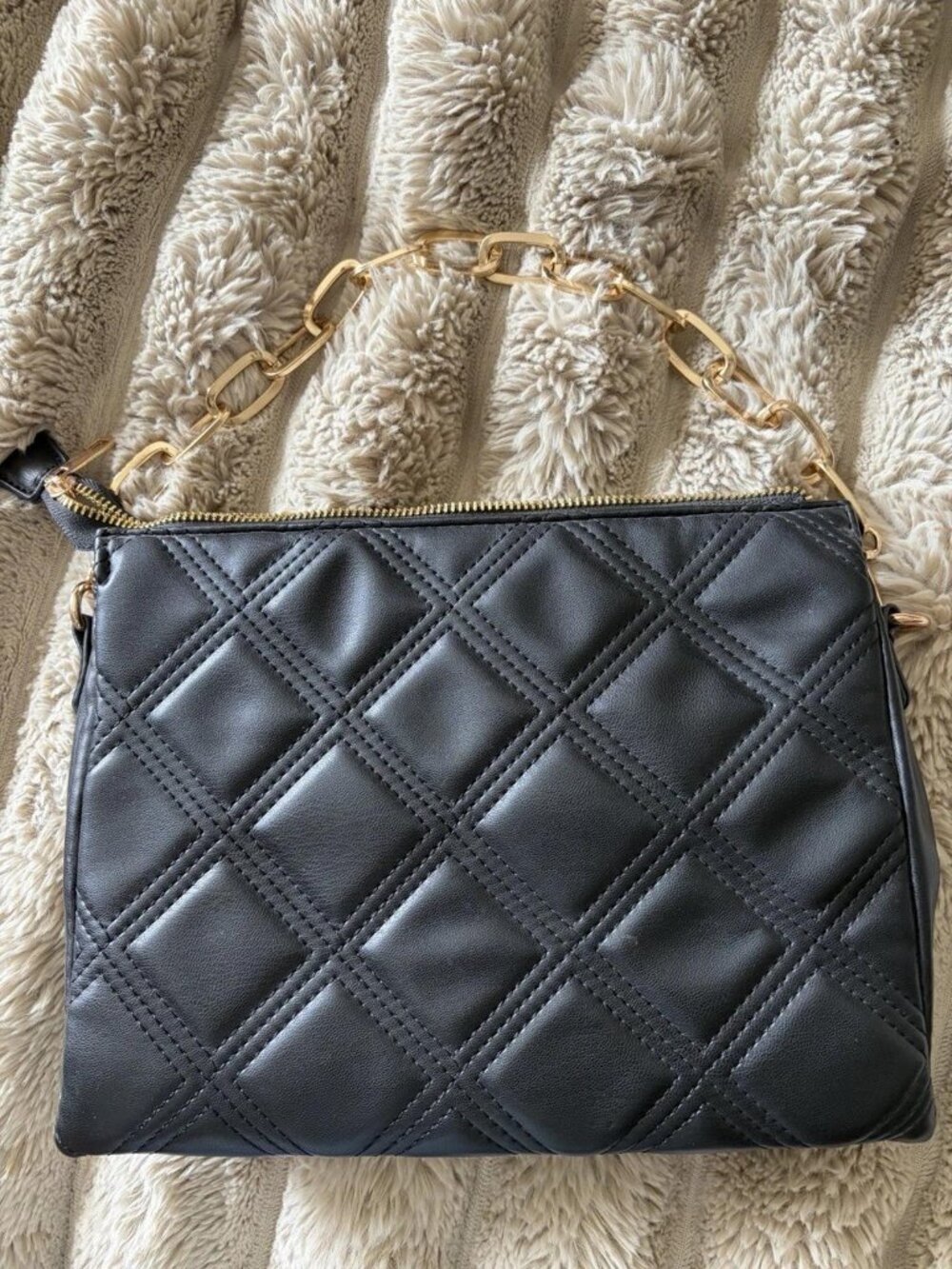 Black Diamond Quilted Bag with Gold Chain Handle New